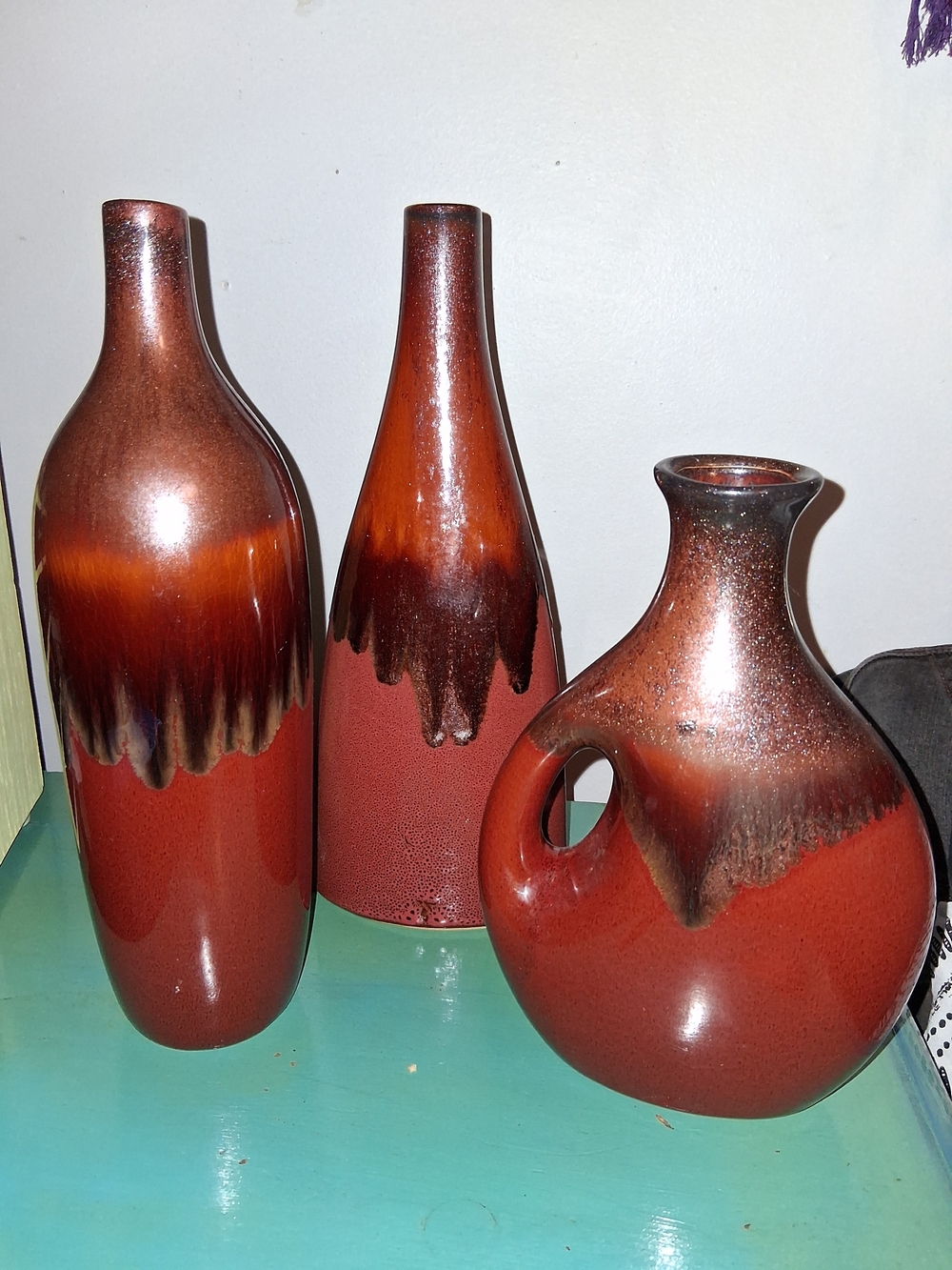 Source Unknown Red and Brown Drip-Glaze Ceramic Vase Trio